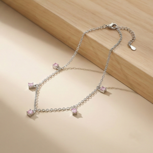AGOR 925 Sterling Silver Pink Stone Charm Anklet for Women, Dainty Foot Jewellery