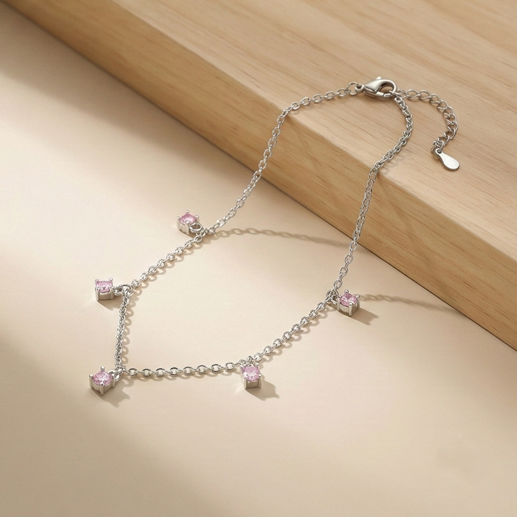 925 Sterling Silver Pink Stone Charm Anklet for Women, Dainty Foot Jewellery
