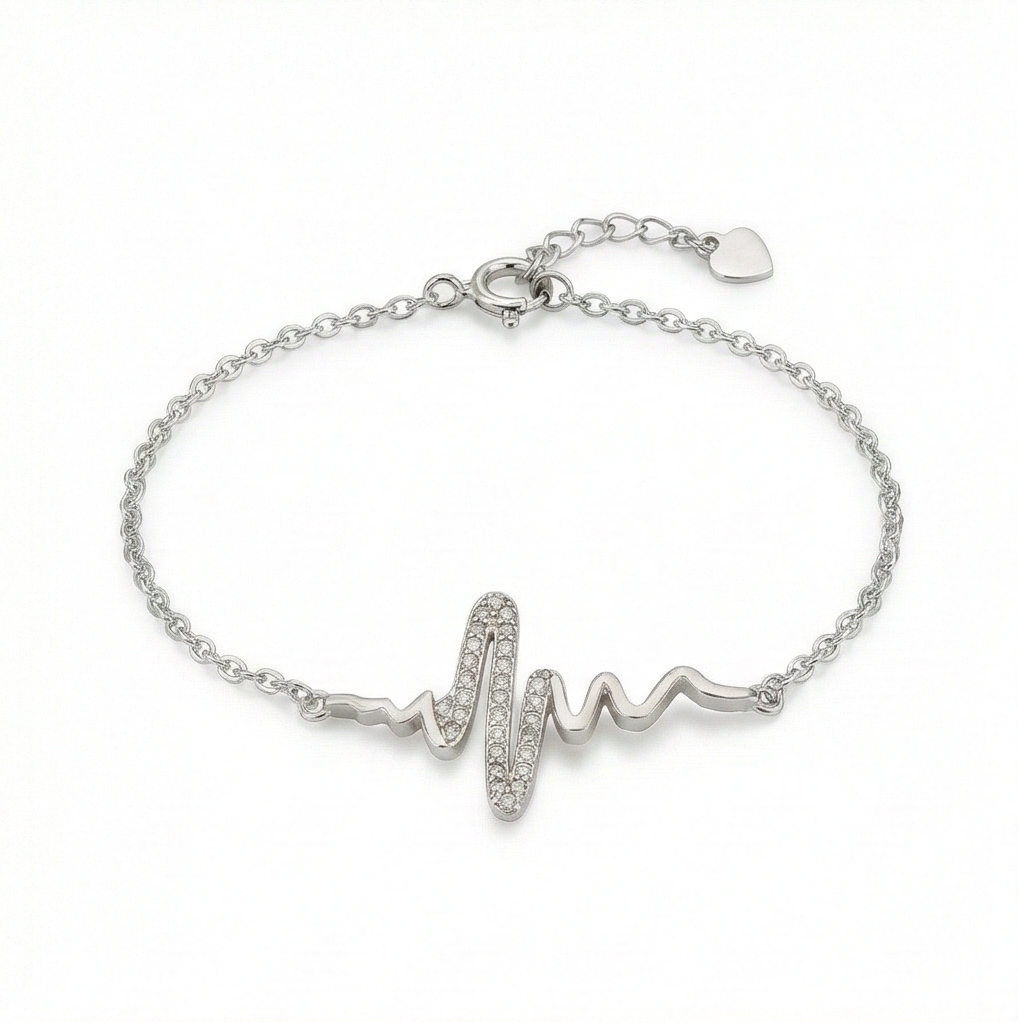 925 Sterling Silver Heartbeat Pulse Chain Bracelet Jewellery for Women & Girls Silver Finish