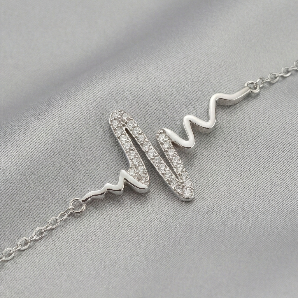 925 Sterling Silver Heartbeat Pulse Chain Bracelet Jewellery for Women & Girls Silver Finish