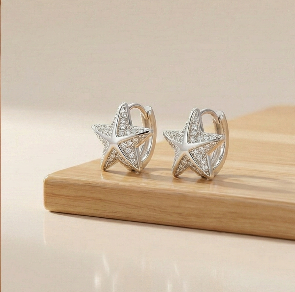 AGOR 925 Sterling Silver Pave Star Huggie Hoop Earrings Jewellery for Women & Girls