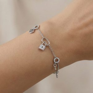 AGOR 925 Sterling Silver Lock and Key Charm Bracelet Silver Finish Jewellery