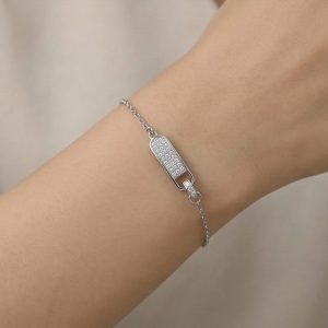 AGOR 925 Sterling Silver Pave Set Geometric Capsule Bar Bracelet Silver Finish Jewellery