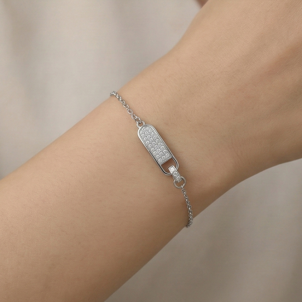 925 Sterling Silver Pave Set Geometric Capsule Bar Bracelet Silver Finish Jewellery