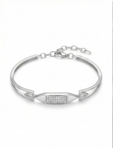 AGOR 925 Sterling Silver Cushion Shape Station Hinged Bangle Bracelet Jewellery for Women High Polish Finish
