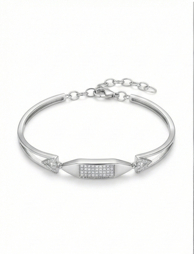 AGOR 925 Sterling Silver Cushion Shape Station Hinged Bangle Bracelet Jewellery for Women High Polish Finish