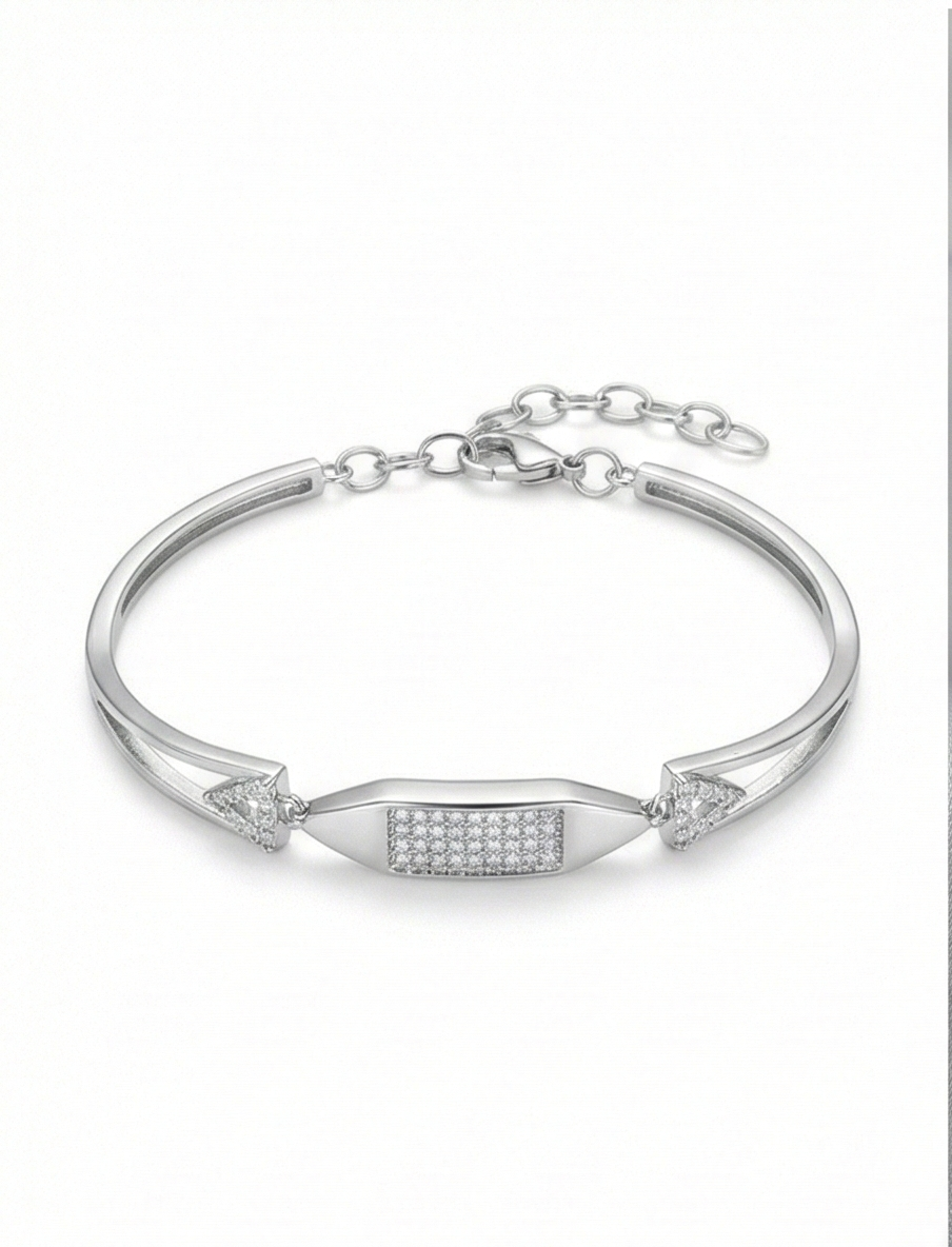 925 Sterling Silver Cushion Shape Station Hinged Bangle Bracelet Jewellery for Women High Polish Finish