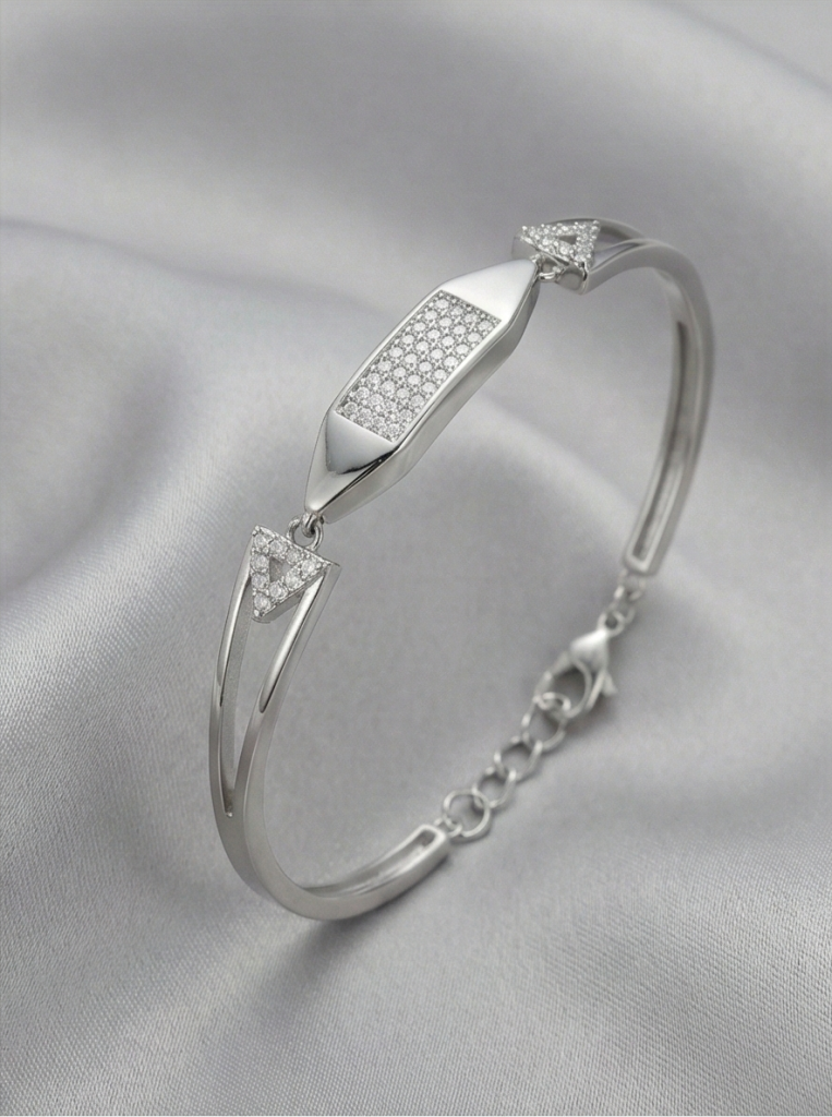 AGOR 925 Sterling Silver Cushion Shape Station Hinged Bangle Bracelet Jewellery for Women High Polish Finish