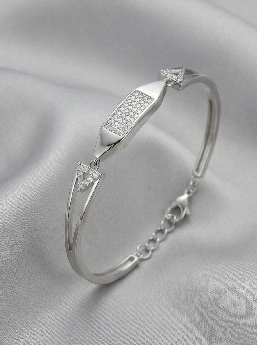 925 Sterling Silver Cushion Shape Station Hinged Bangle Bracelet Jewellery for Women High Polish Finish
