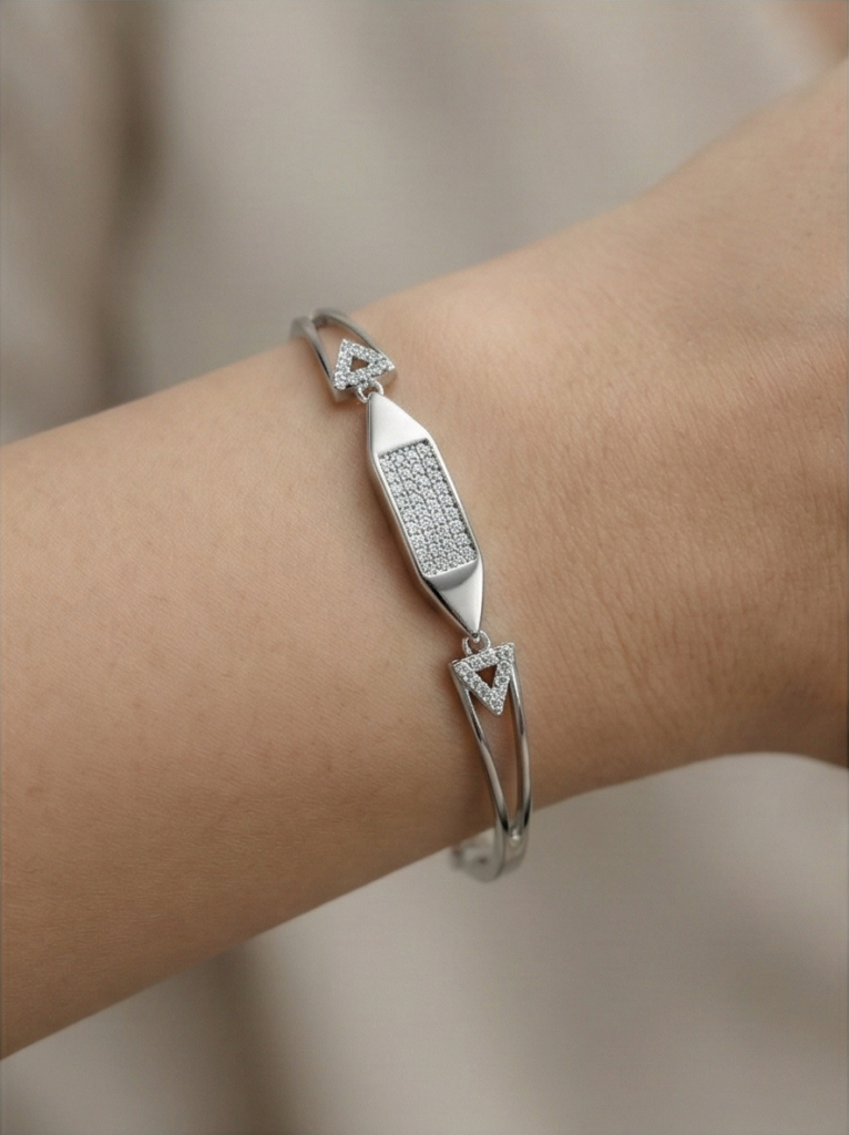 AGOR 925 Sterling Silver Cushion Shape Station Hinged Bangle Bracelet Jewellery for Women High Polish Finish