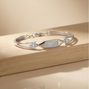 925 Sterling Silver Cushion Shape Station Hinged Bangle Bracelet Jewellery for Women High Polish Finish