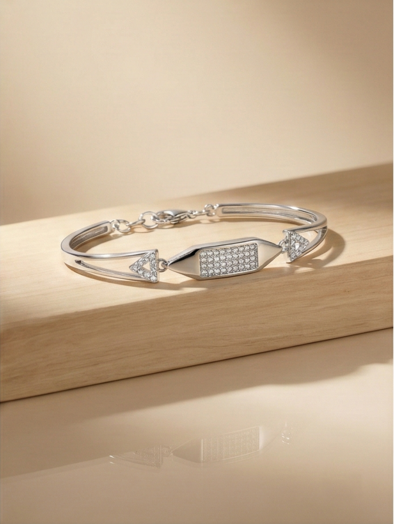 AGOR 925 Sterling Silver Cushion Shape Station Hinged Bangle Bracelet Jewellery for Women High Polish Finish