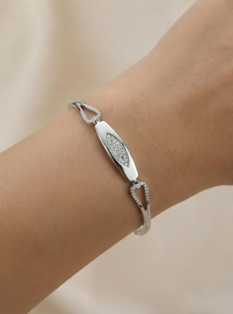 AGOR 925 Sterling Silver Oval Motif Hinged Bangle Bracelet Jewellery for Women High Polish Finish
