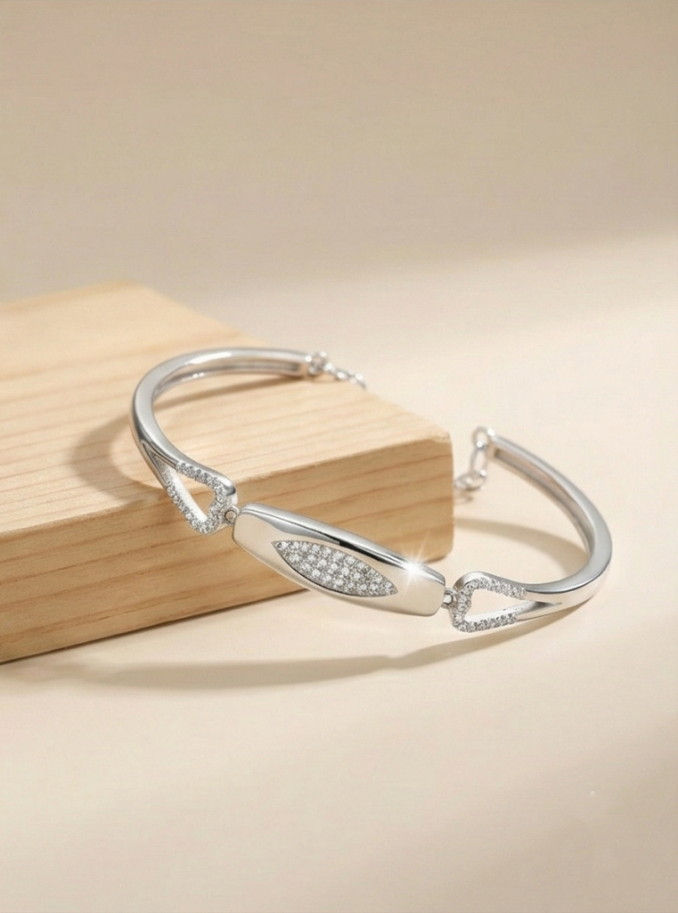 AGOR 925 Sterling Silver Oval Motif Hinged Bangle Bracelet Jewellery for Women High Polish Finish