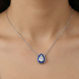 AGOR 925 Sterling Silver Blue Enamel Pear Shape Pendant Necklace Jewellery with Rhodium Finish