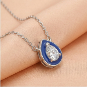 AGOR 925 Sterling Silver Blue Enamel Pear Shape Pendant Necklace Jewellery with Rhodium Finish