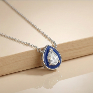 AGOR 925 Sterling Silver Blue Enamel Pear Shape Pendant Necklace Jewellery with Rhodium Finish