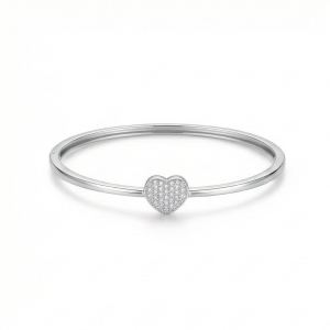 AGOR 925 Sterling Silver Minimalist Pave Heart Hinged Bangle Jewellery with Rhodium Finish