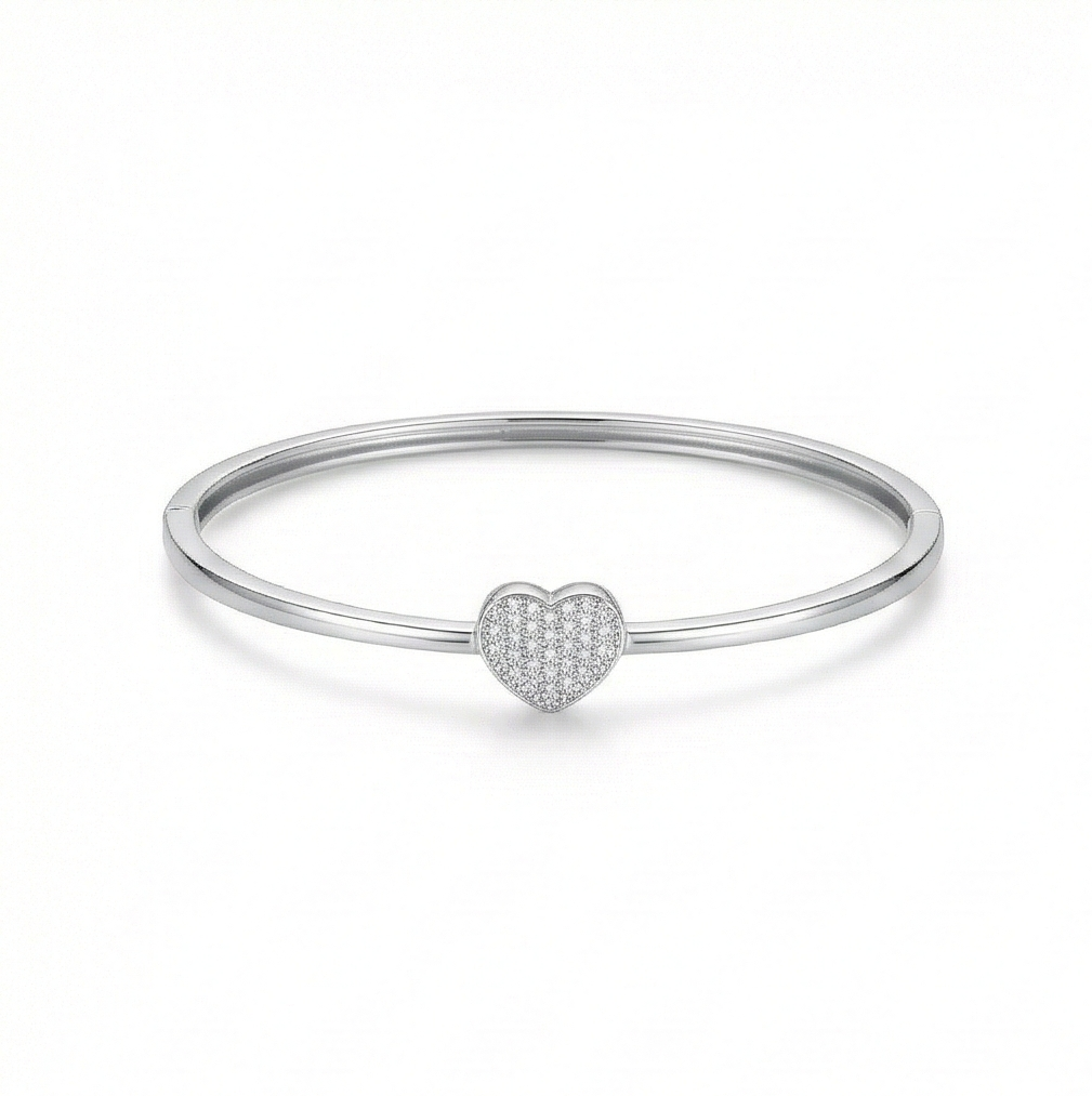 925 Sterling Silver Minimalist Pave Heart Hinged Bangle Jewellery with Rhodium Finish