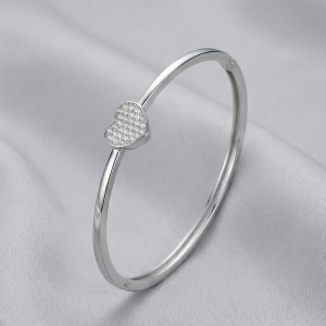 AGOR 925 Sterling Silver Minimalist Pave Heart Hinged Bangle Jewellery with Rhodium Finish