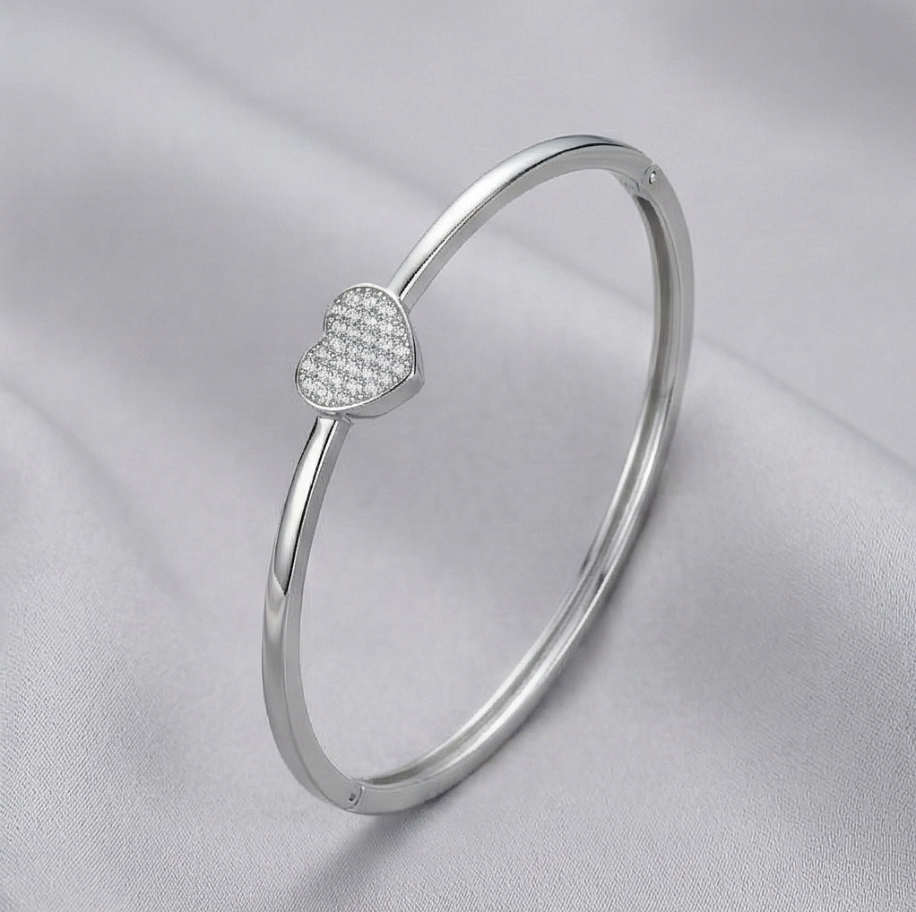 925 Sterling Silver Minimalist Pave Heart Hinged Bangle Jewellery with Rhodium Finish