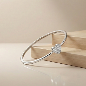 925 Sterling Silver Minimalist Pave Heart Hinged Bangle Jewellery with Rhodium Finish