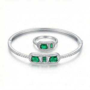 AGOR 925 Sterling Silver Emerald Green Geometric Stone Hinged Bangle and Ring Jewellery Set with Rhodium Finish