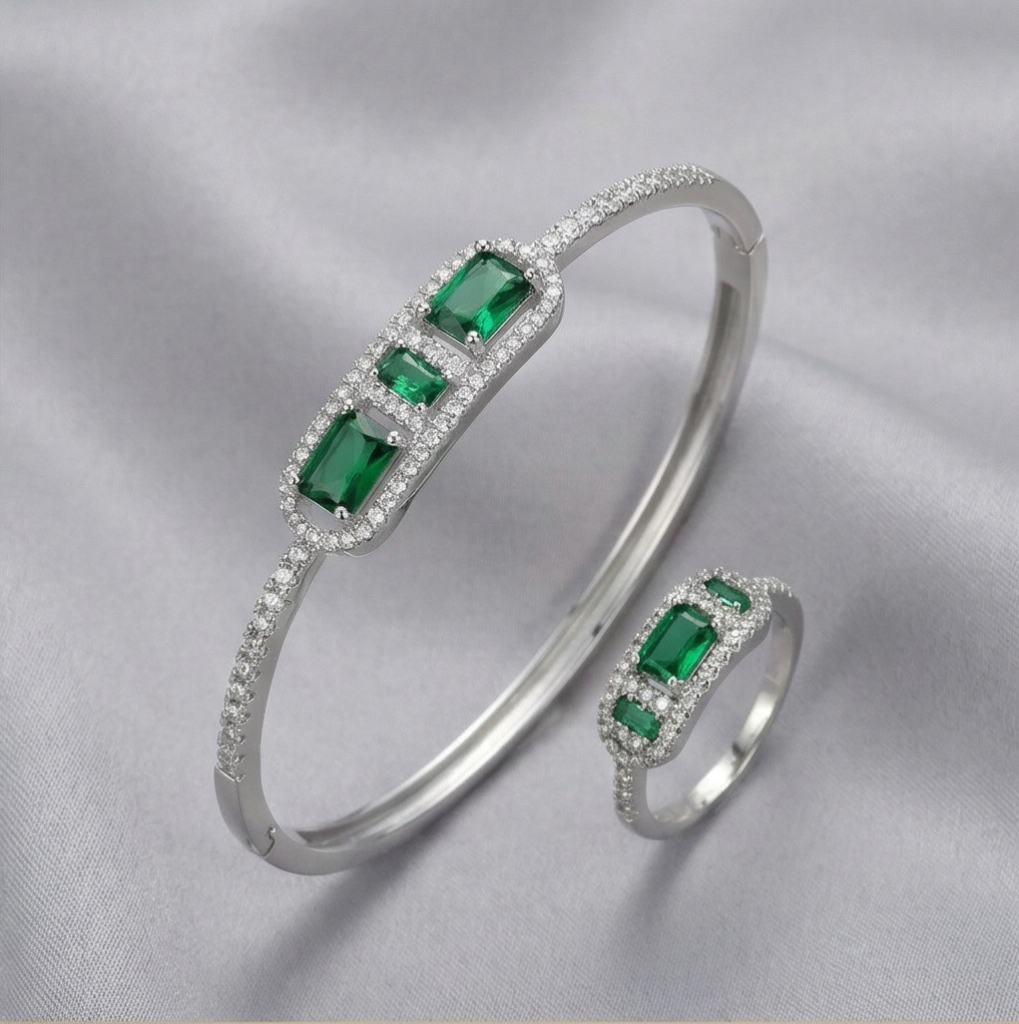 AGOR 925 Sterling Silver Emerald Green Geometric Stone Hinged Bangle and Ring Jewellery Set with Rhodium Finish
