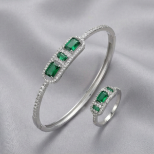 AGOR 925 Sterling Silver Emerald Green Geometric Stone Hinged Bangle and Ring Jewellery Set with Rhodium Finish