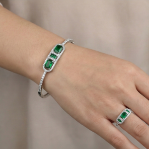 AGOR 925 Sterling Silver Emerald Green Geometric Stone Hinged Bangle and Ring Jewellery Set with Rhodium Finish