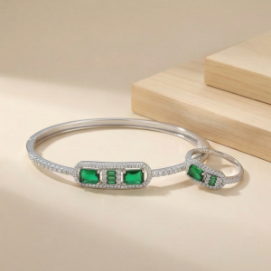 AGOR 925 Sterling Silver Emerald Green Geometric Stone Hinged Bangle and Ring Jewellery Set with Rhodium Finish