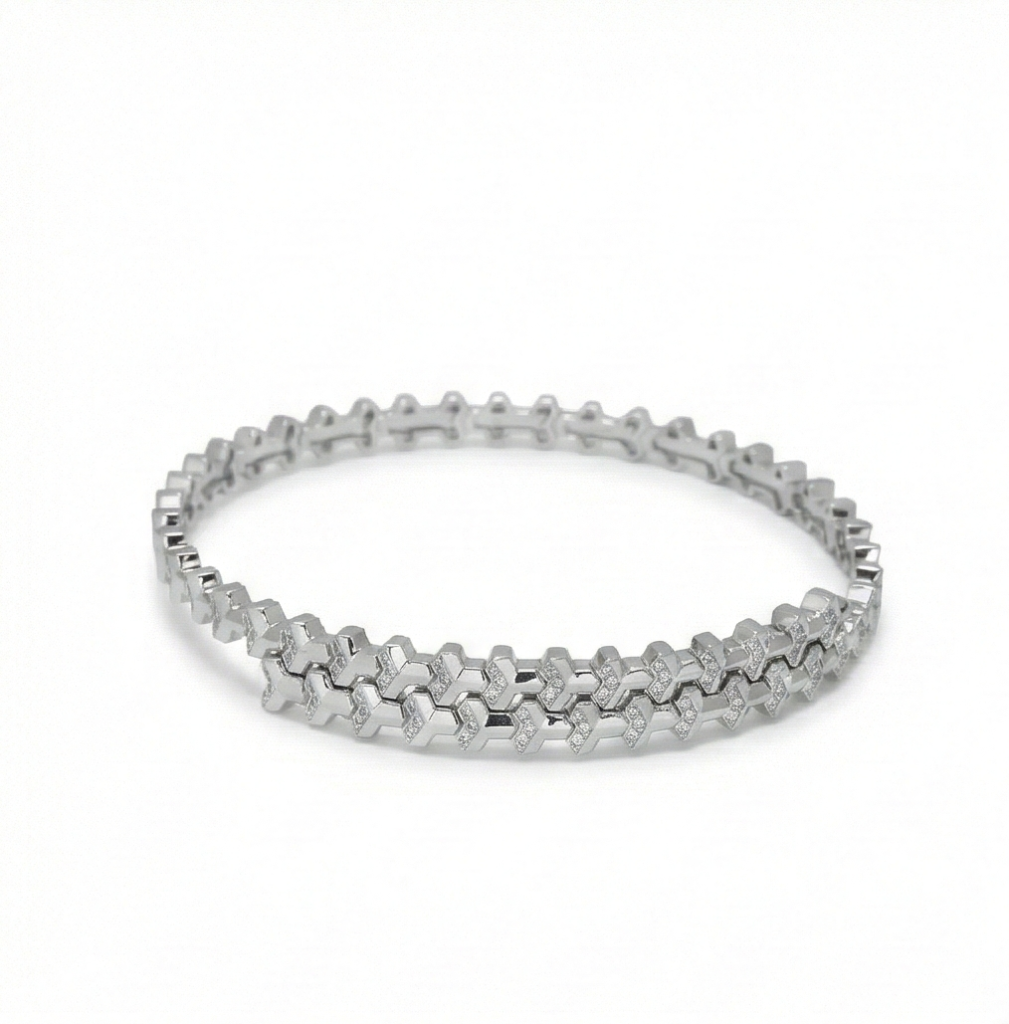 AGOR 925 Sterling Silver Geometric Pave Link Tennis Bangle Jewellery with Rhodium Finish