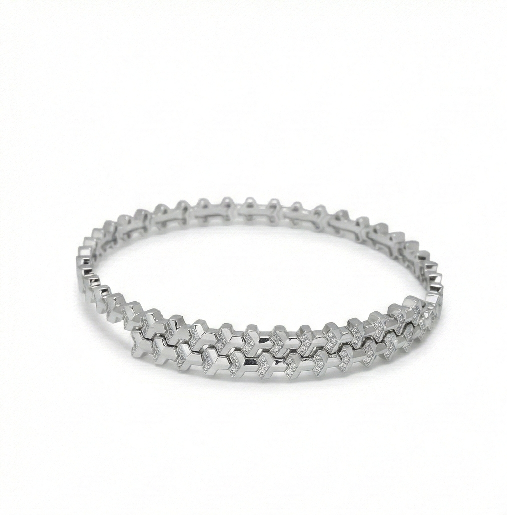 925 Sterling Silver Geometric Pave Link Tennis Bangle Jewellery with Rhodium Finish