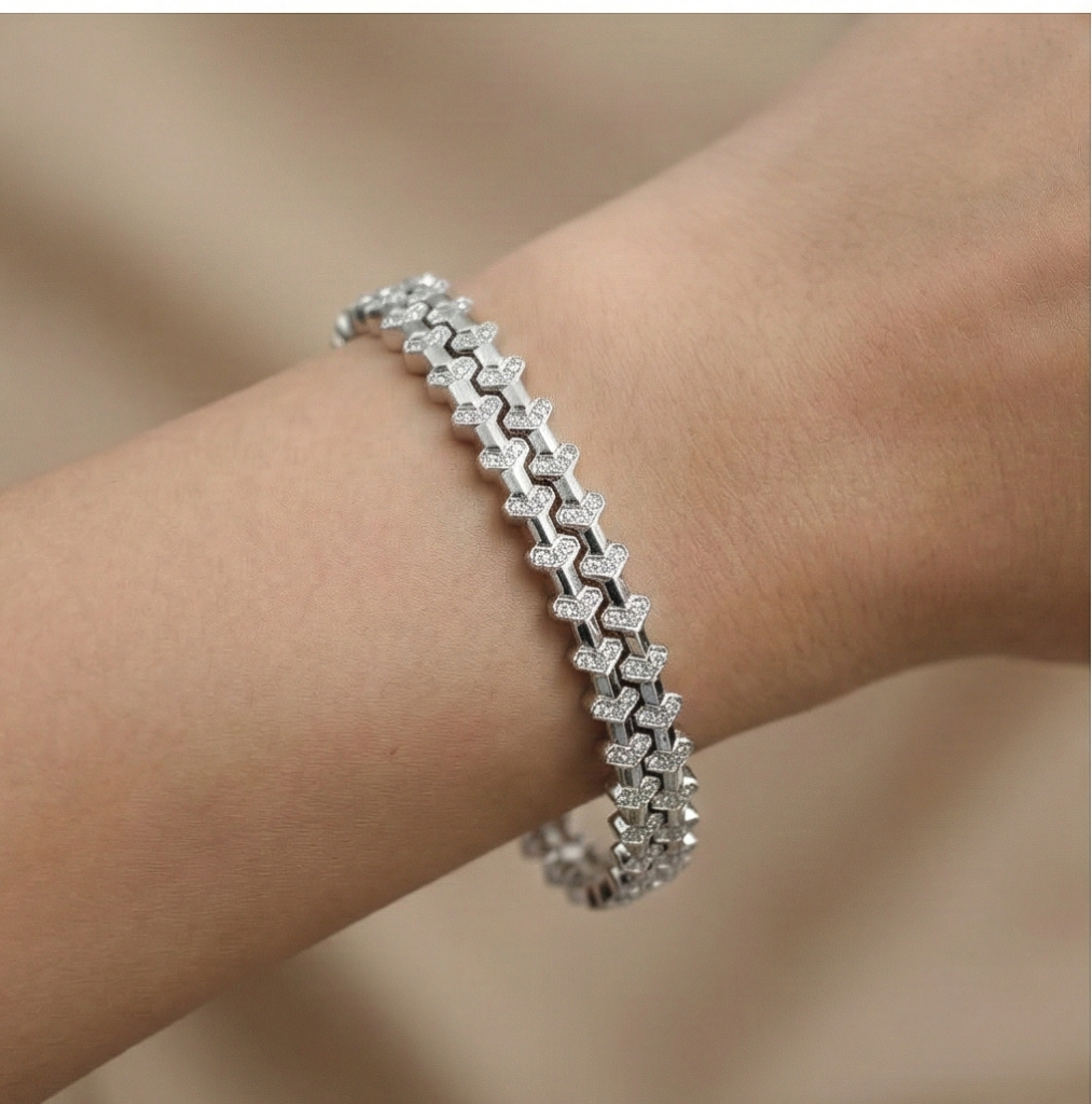 AGOR 925 Sterling Silver Geometric Pave Link Tennis Bangle Jewellery with Rhodium Finish