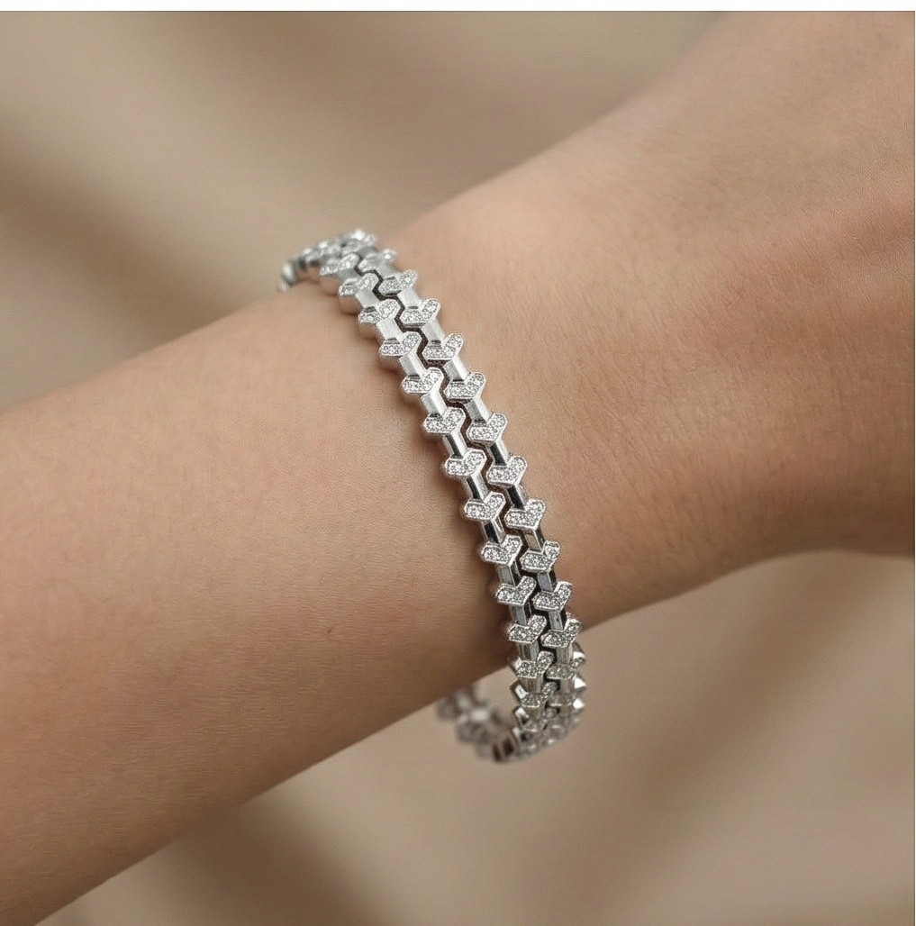 925 Sterling Silver Geometric Pave Link Tennis Bangle Jewellery with Rhodium Finish