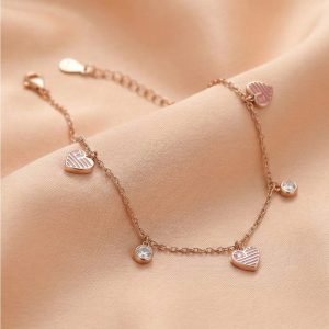 AGOR 925 Sterling Silver Rose Gold Plated Pink Heart Charm Anklet Jewellery