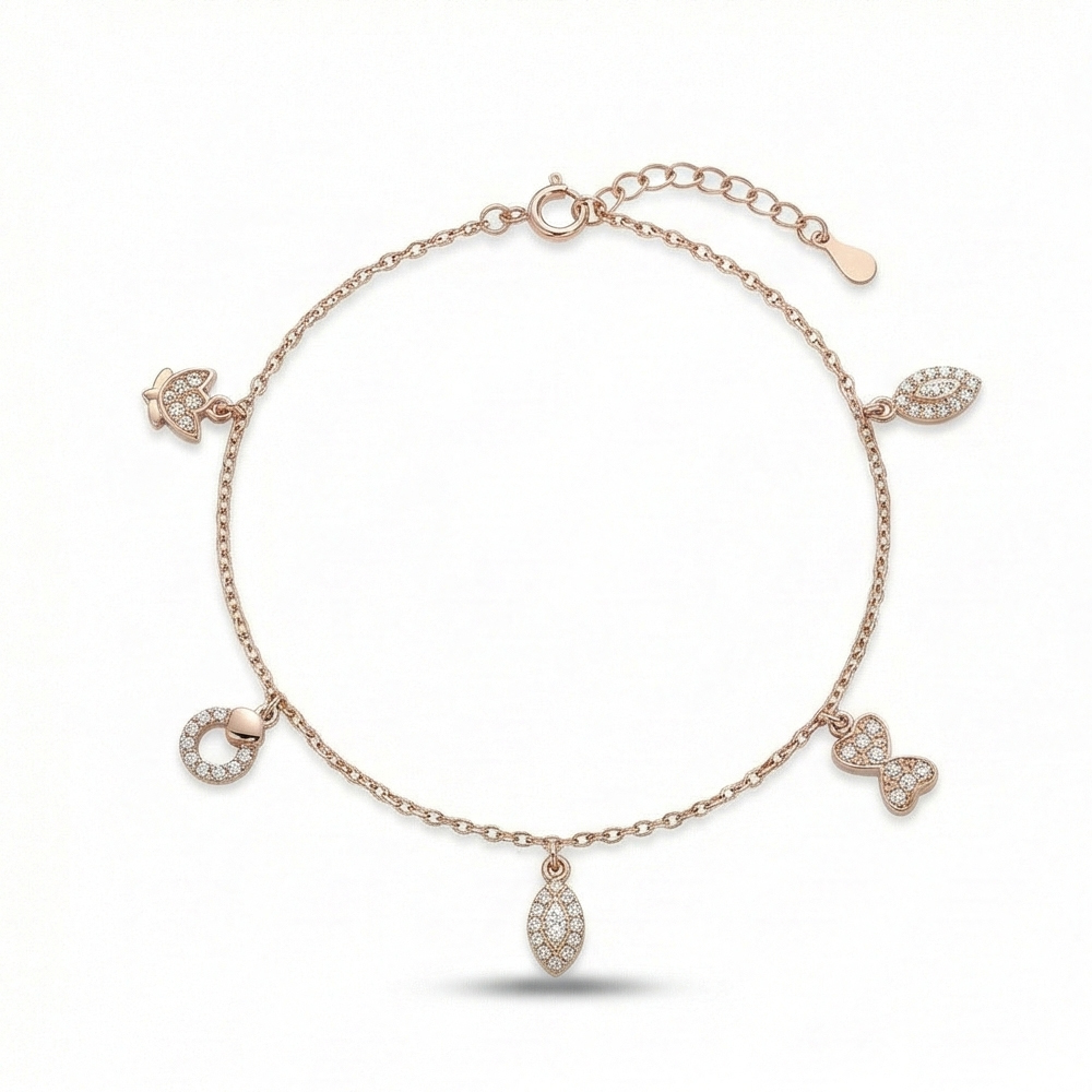 925 Sterling Silver Rose Gold Plated Butterfly and Marquise Anklet Jewellery