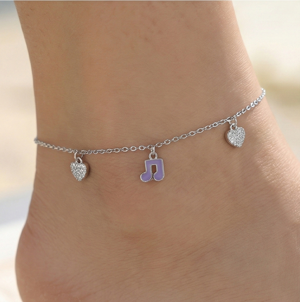 925 Sterling Silver Layered Musical Note and Heart Anklet Silver Finish Jewellery