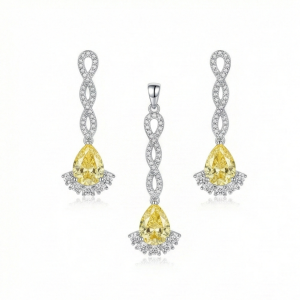 AGOR 925 Sterling Silver Yellow Pear Drop Pendant Necklace and Earrings Set Jewellery