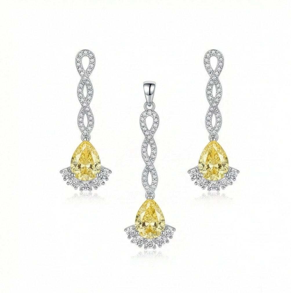 925 Sterling Silver Yellow Pear Drop Pendant Necklace and Earrings Set Jewellery
