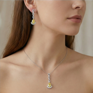 AGOR 925 Sterling Silver Yellow Pear Drop Pendant Necklace and Earrings Set Jewellery