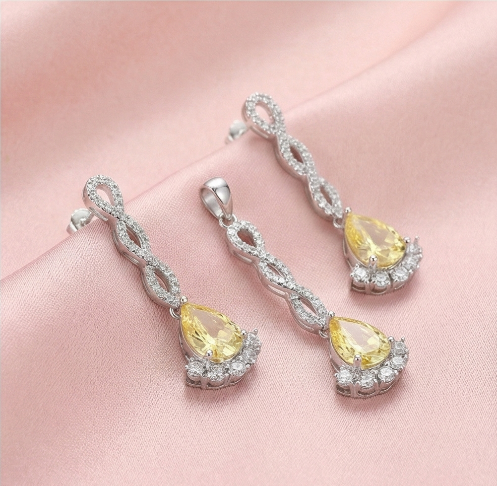 925 Sterling Silver Yellow Pear Drop Pendant Necklace and Earrings Set Jewellery
