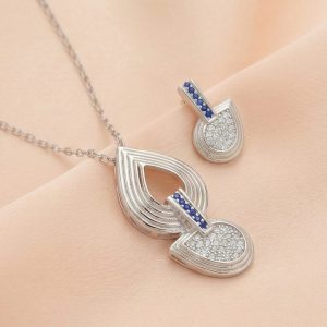 AGOR 925 Sterling Silver Abstract Teardrop Pendant Set with Blue Stone Accents Jewellery for Women