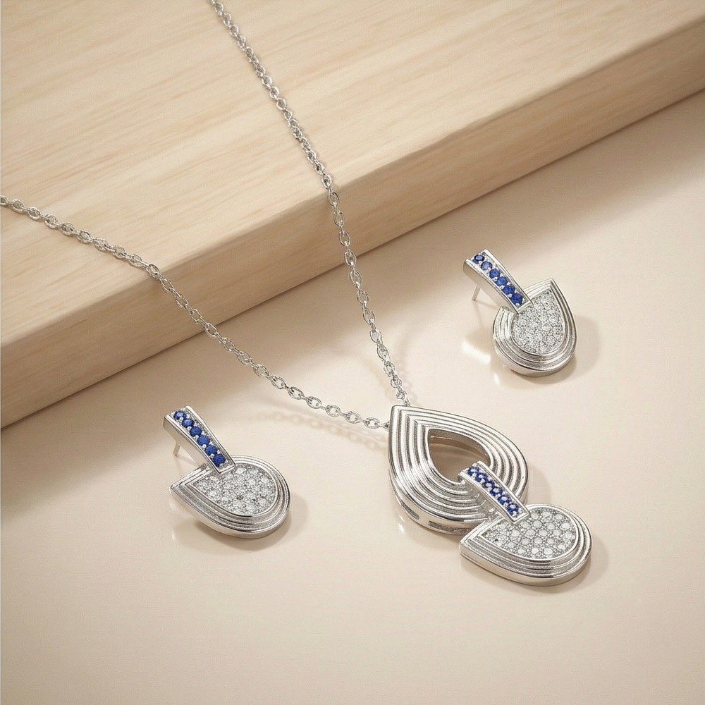 925 Sterling Silver Abstract Teardrop Pendant Set with Blue Stone Accents Jewellery for Women