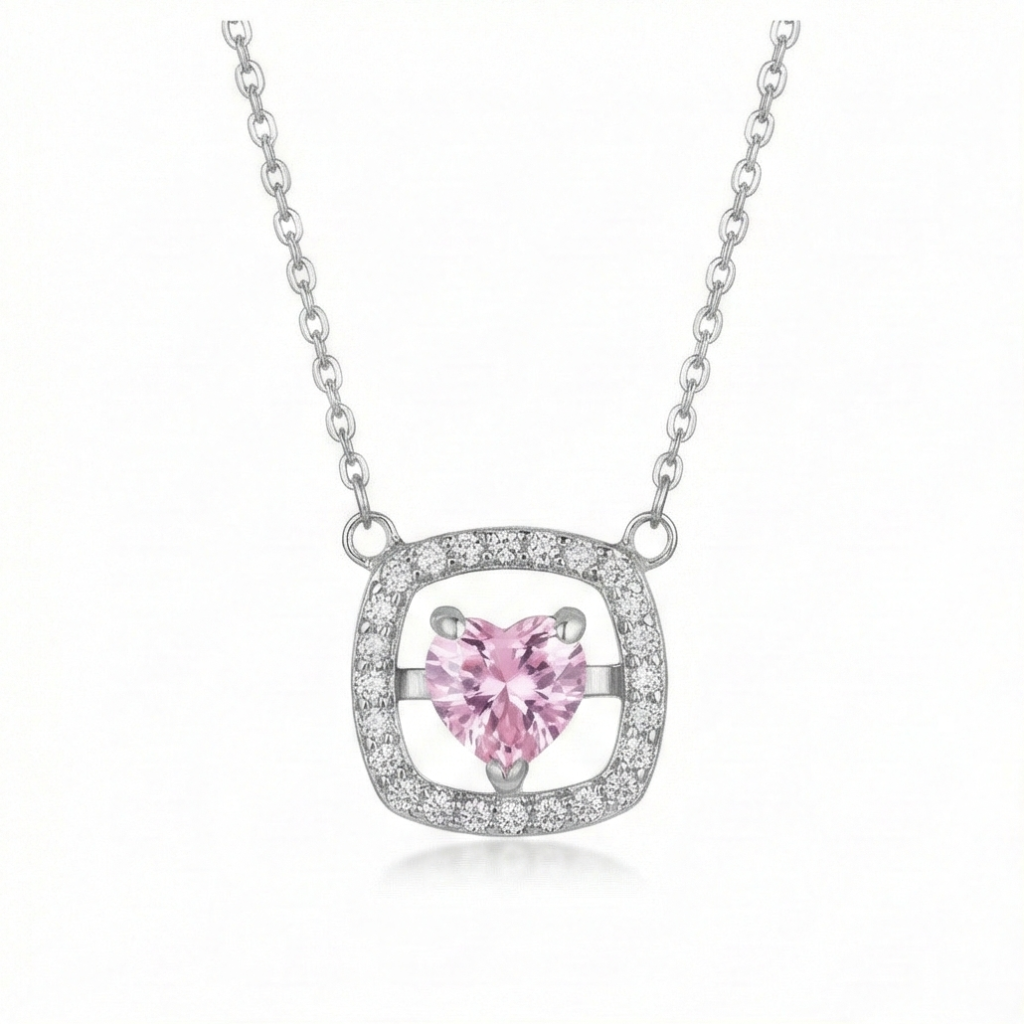 AGOR 925 Sterling Silver Pink Heart Square Halo Pendant Necklace Jewellery for Women and Girls
