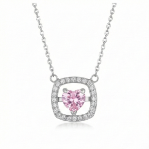 AGOR 925 Sterling Silver Pink Heart Square Halo Pendant Necklace Jewellery for Women and Girls