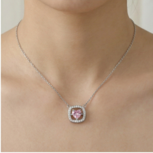 AGOR 925 Sterling Silver Pink Heart Square Halo Pendant Necklace Jewellery for Women and Girls