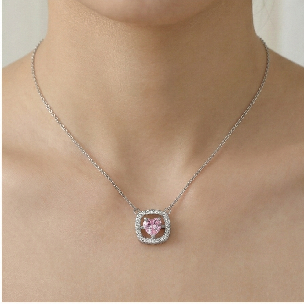 925 Sterling Silver Pink Heart Square Halo Pendant Necklace Jewellery for Women and Girls