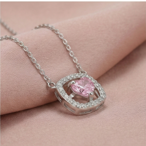 AGOR 925 Sterling Silver Pink Heart Square Halo Pendant Necklace Jewellery for Women and Girls