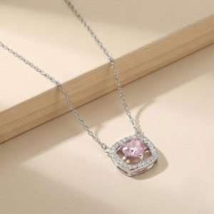 AGOR 925 Sterling Silver Pink Heart Square Halo Pendant Necklace Jewellery for Women and Girls